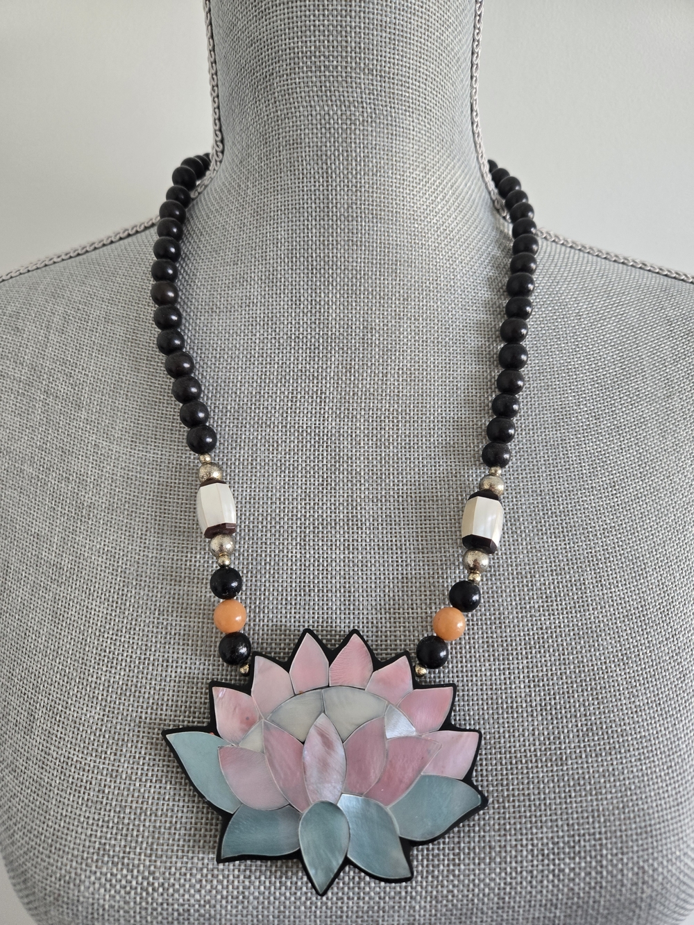 Vintage Pink & Teal Lotus Pendant Beaded Necklace